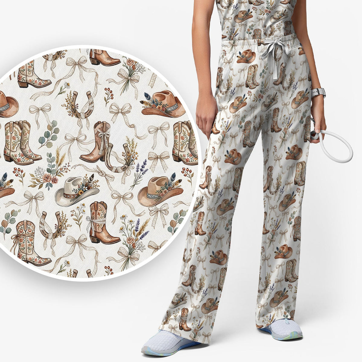 Western Cowboy Boots Hat Floral Pattern Scrub Set, Scrub Pants and V Neck Top