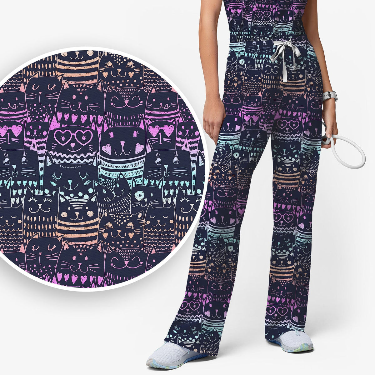 Neon Cat Faces Nurse Scrub Set