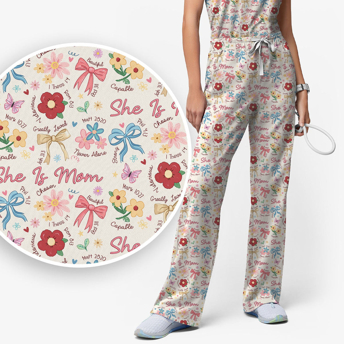 She Is Mom Flower Bow Nurse Scrub Set