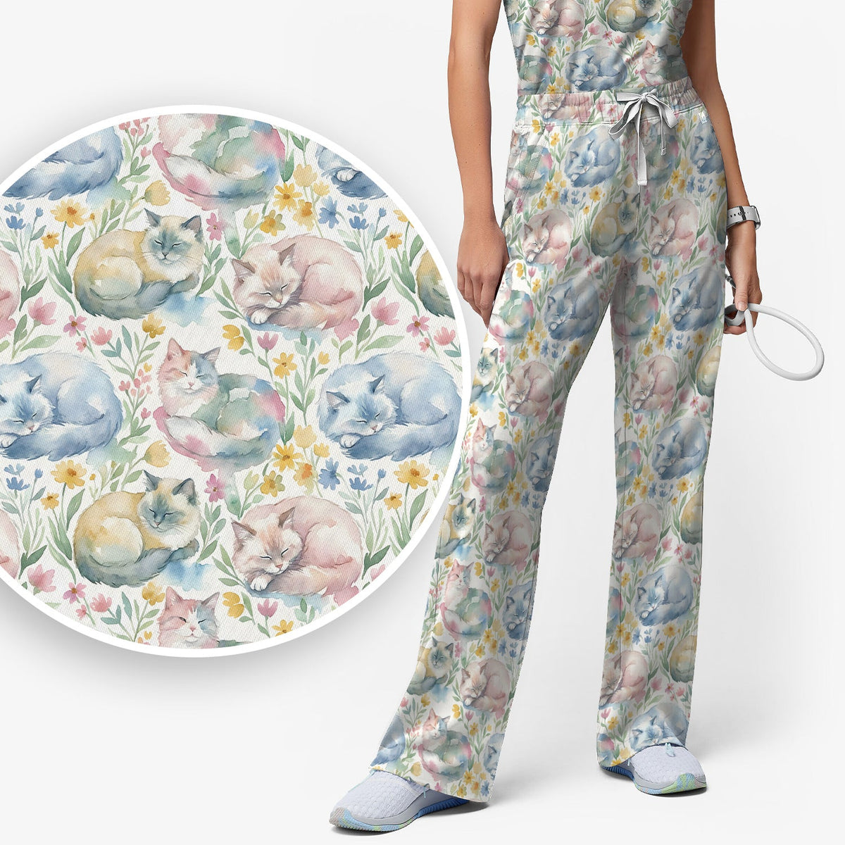 Dreamy Sleeping Cat Floral Nurse Scrub Set