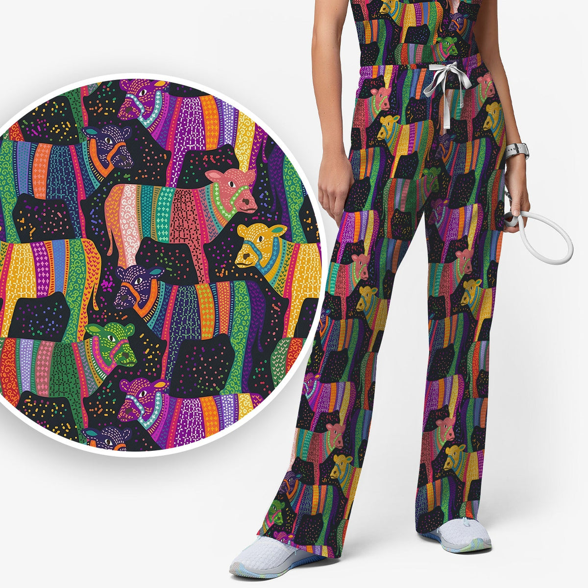 Vibrant Patchwork Rainbow Cow Nurse Scrub Set