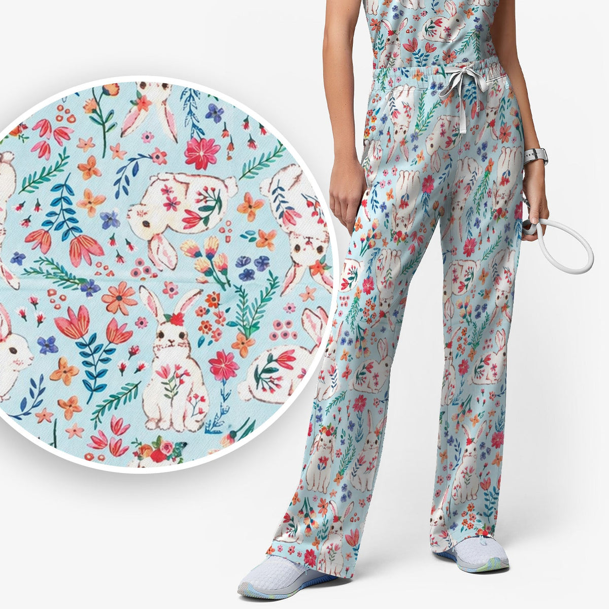 Springtime Bunny Floral Nurse Scrub Set
