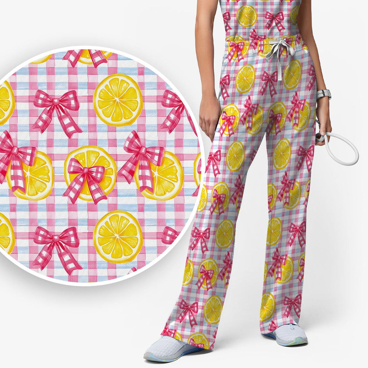 Lemon Slice Pink Bow Gingham Nurse Scrub Set