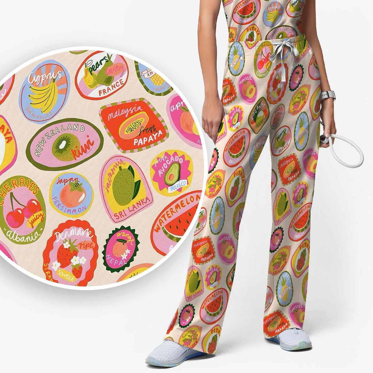 Summer Colorful Fruit Sticker Nurse Scrub Set