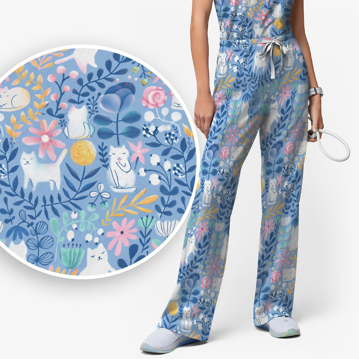 Whimsical Cat Floral Nurse Scrub Set