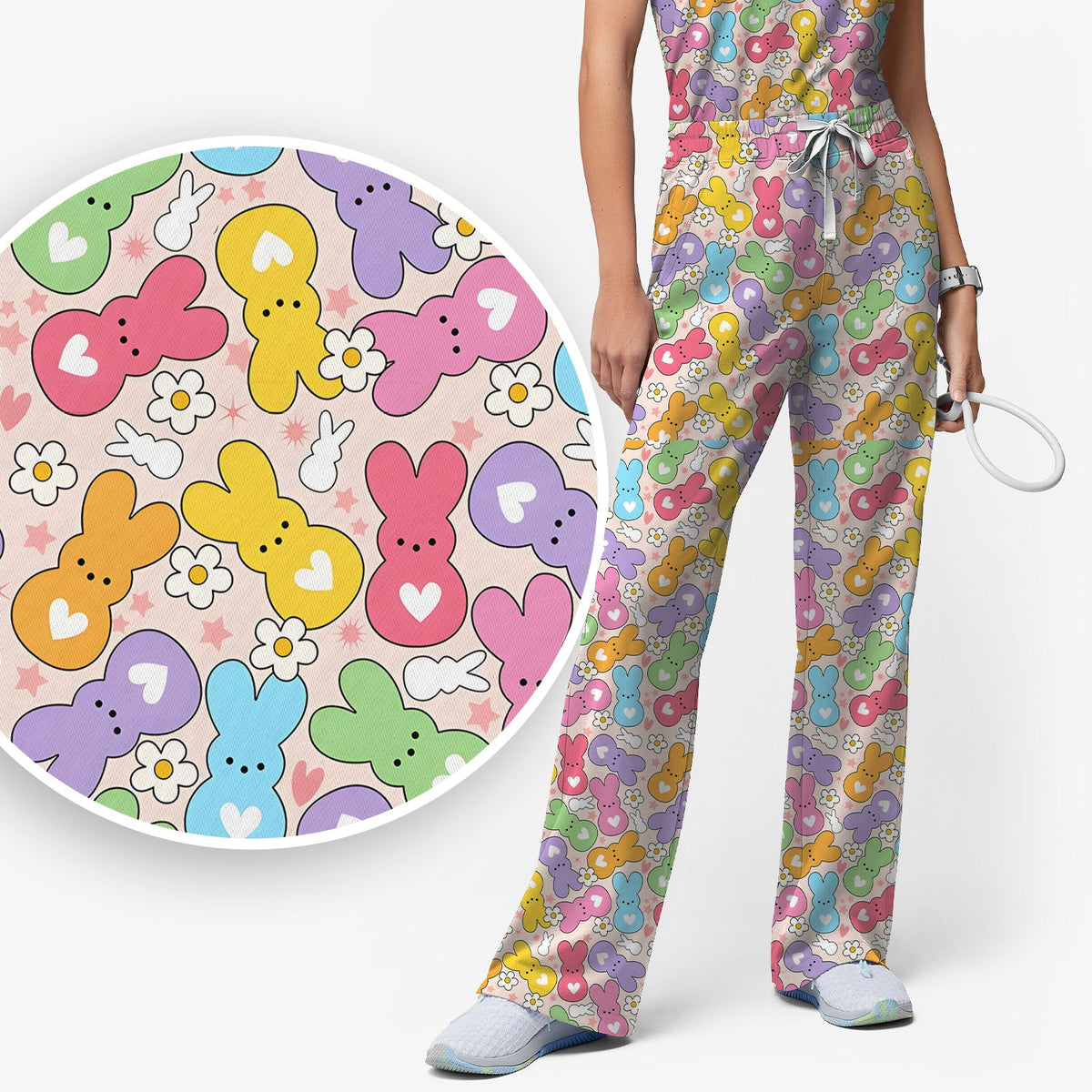 Sweet Pastel Bunny Daisy Nurse Scrub Set
