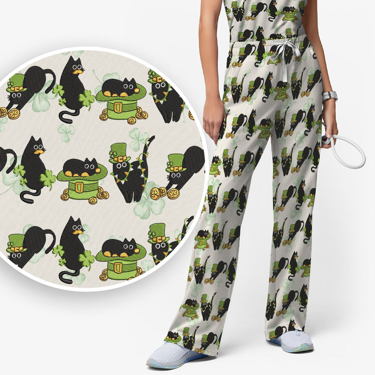 St Patrick Black Cat Clover Nurse Scrub Set