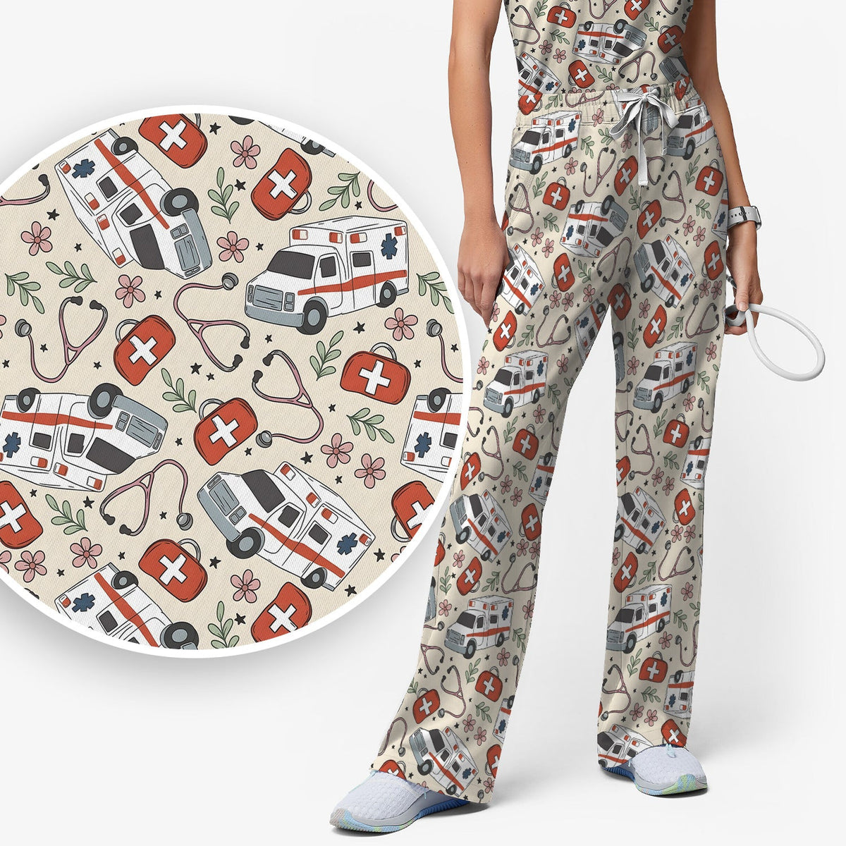 Ambulance Stethoscope First Aid Floral Nurse Scrub Set