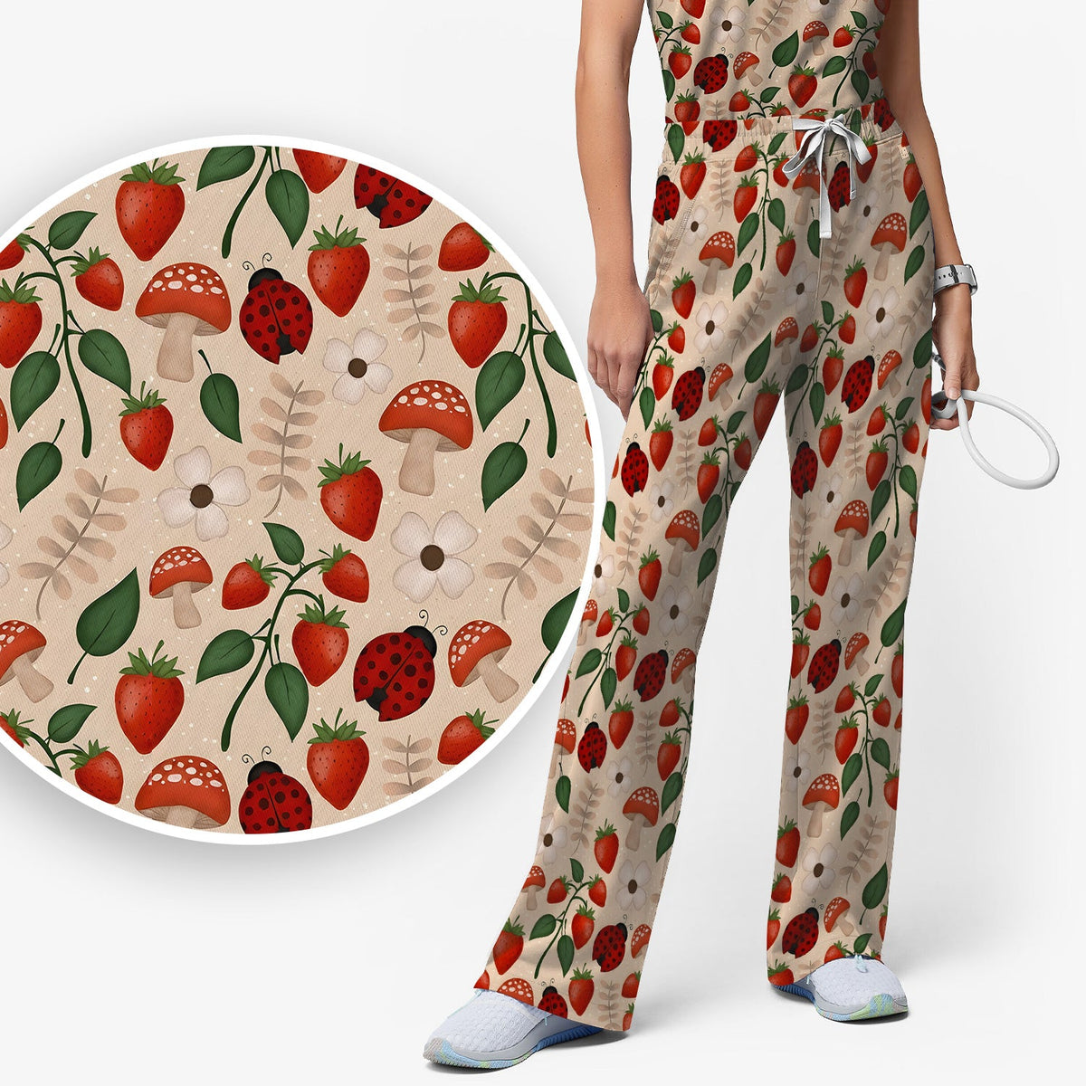 Strawberry Ladybug Mushroom Floral Nurse Scrub Set