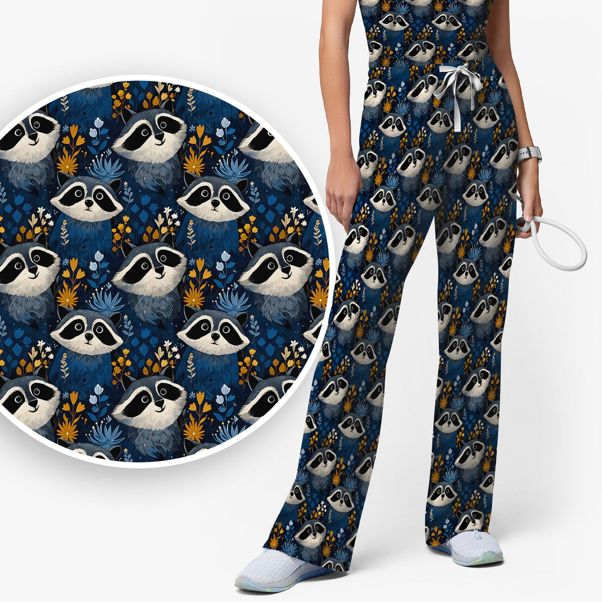 Raccoon Blue Floral Forest Nurse Scrub Set