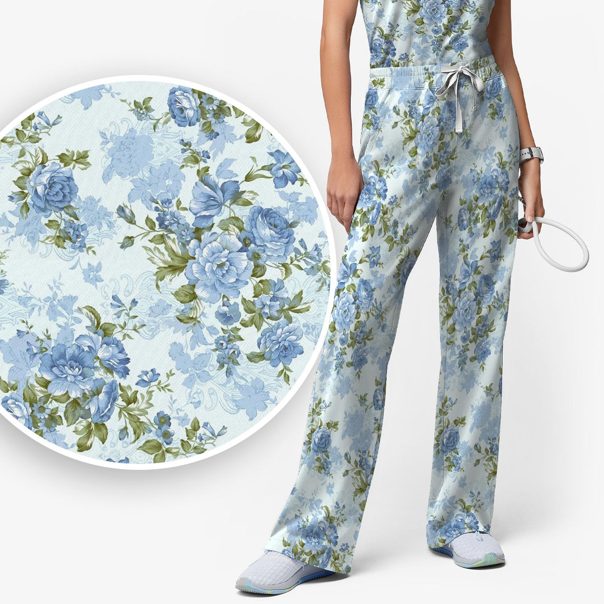 Cute Blue Floral Nurse Scrub Set