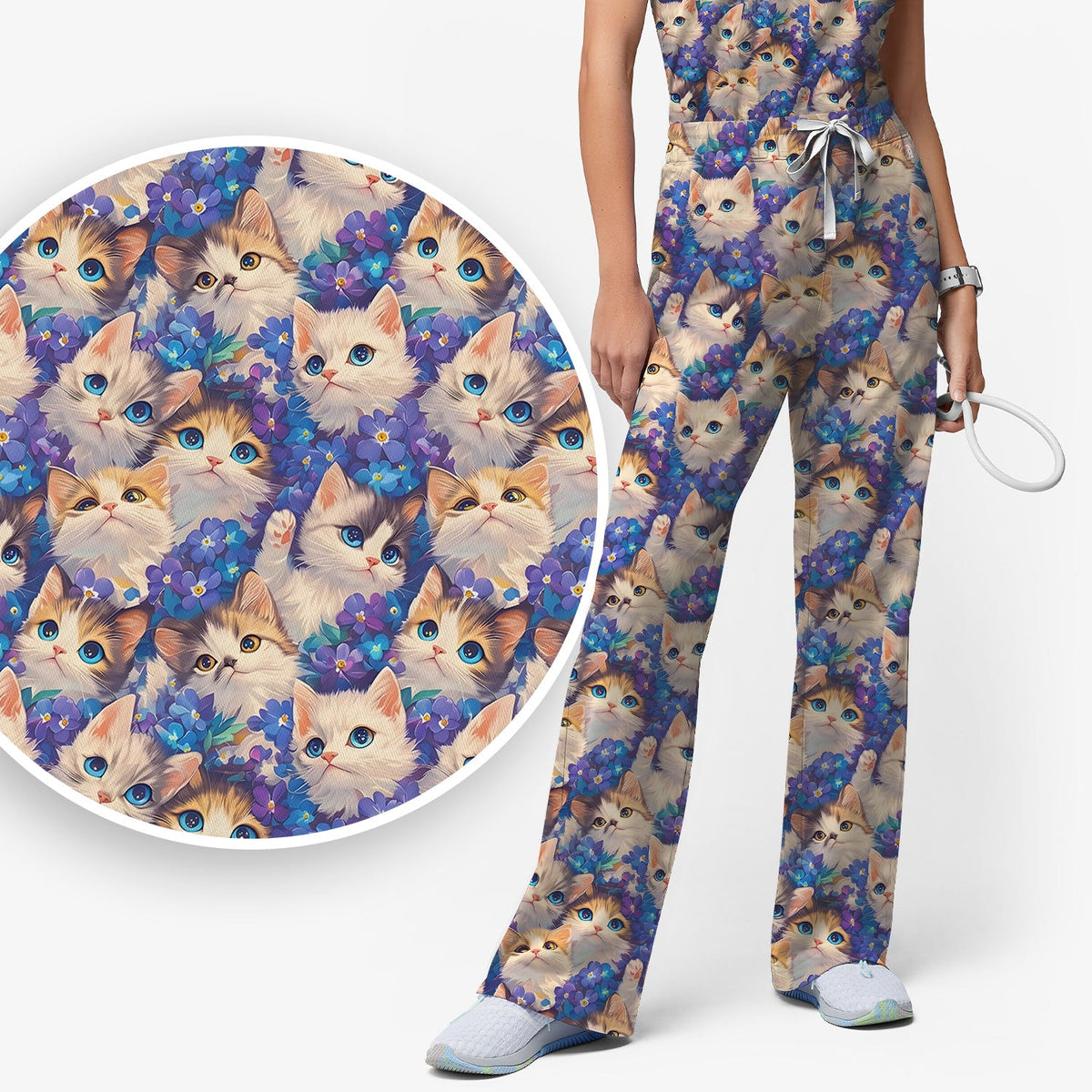 Cute Blue Eyed Kitten Nurse Scrub Set