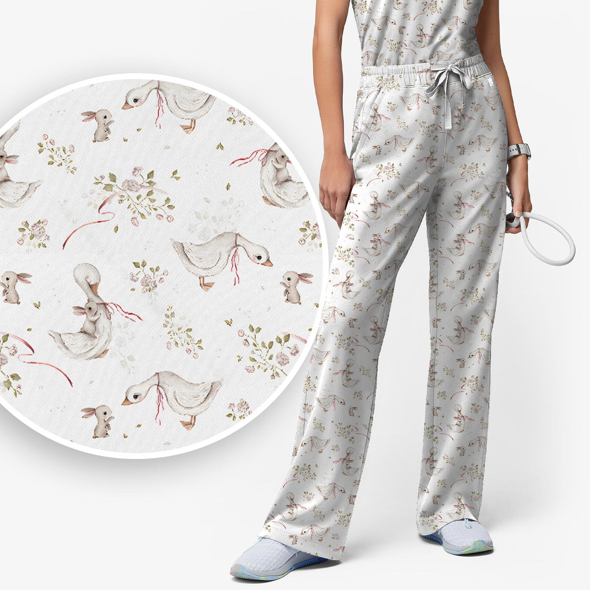 Duck Bunny Floral Nurse Scrub Set - Easter Gift