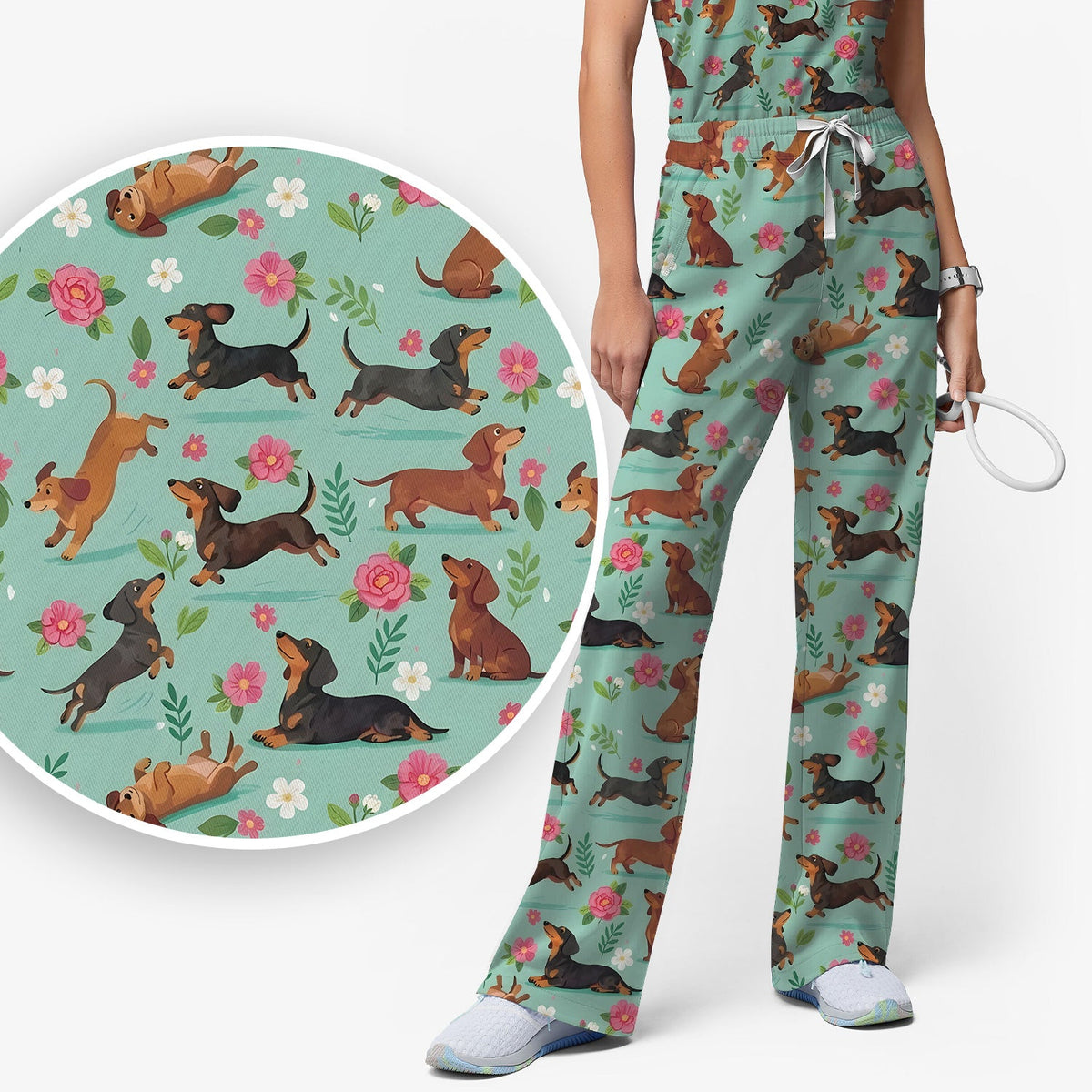 Floral Dachshund Puppy Nurse Scrub Set