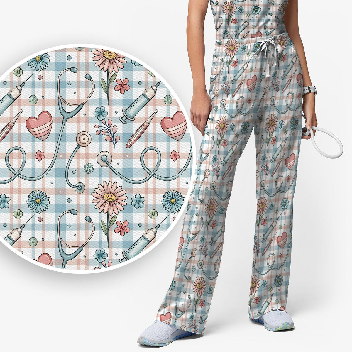 Stethoscope Heart Syringe Floral Plaid Nurse Scrub Set