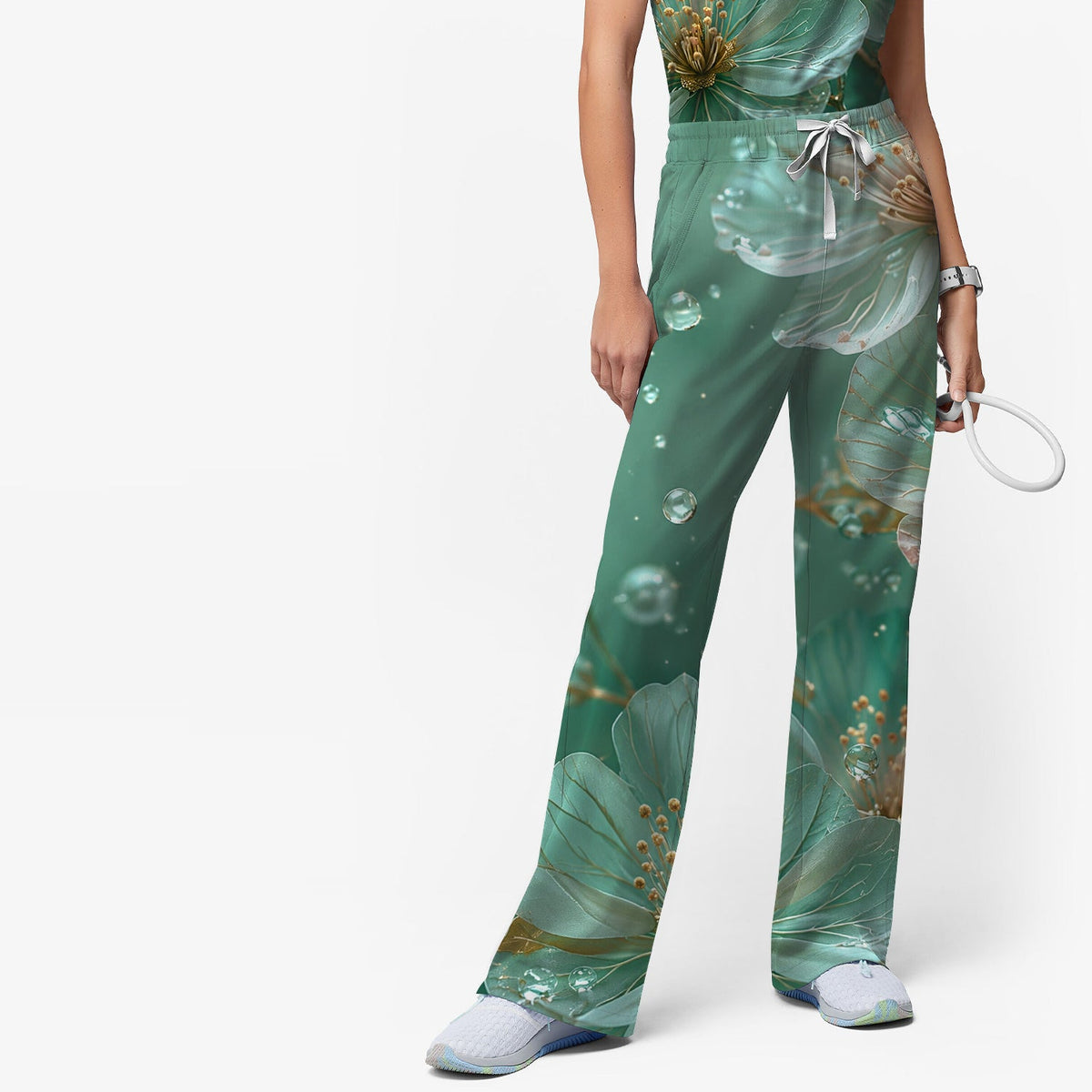 Elegant Mint Blossom Dewdrop Nurse Scrub Set