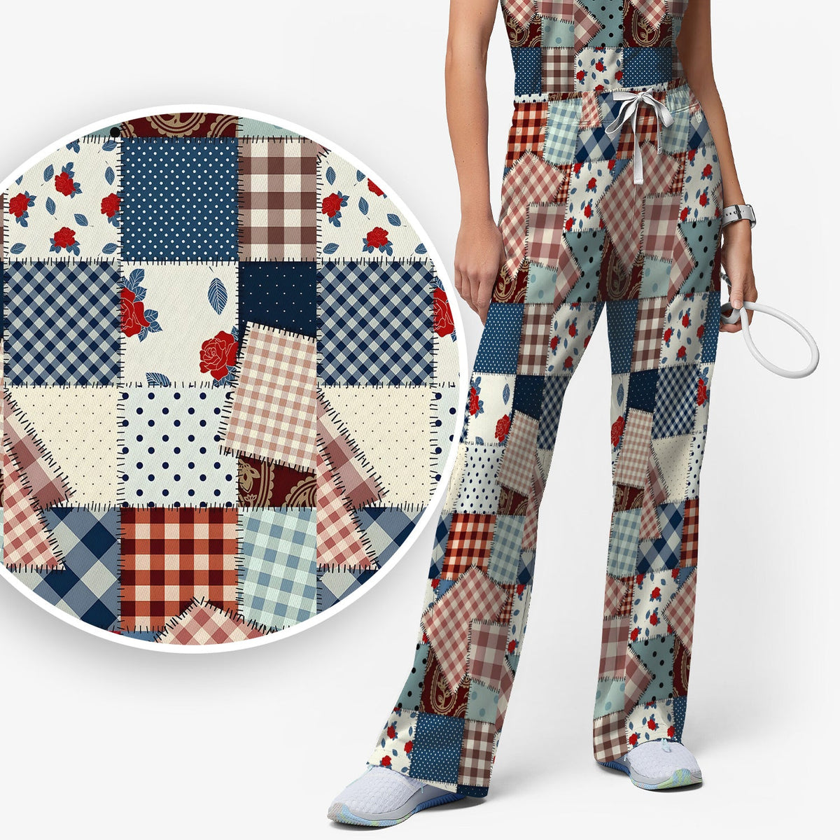 Retro Patchwork Plaid Quilt Nurse Scrub Set