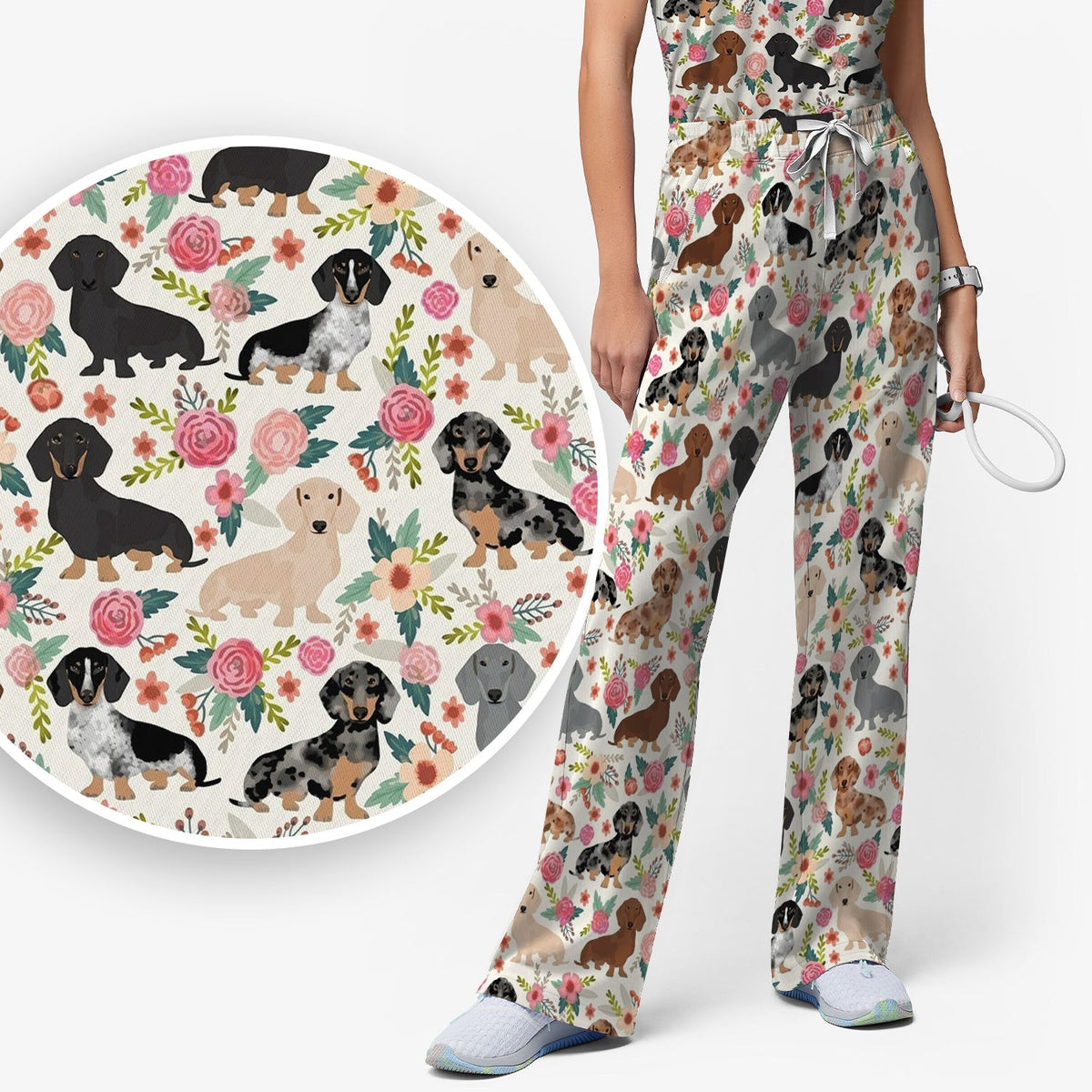 Adorable Dachshund Floral Nurse Scrub Set