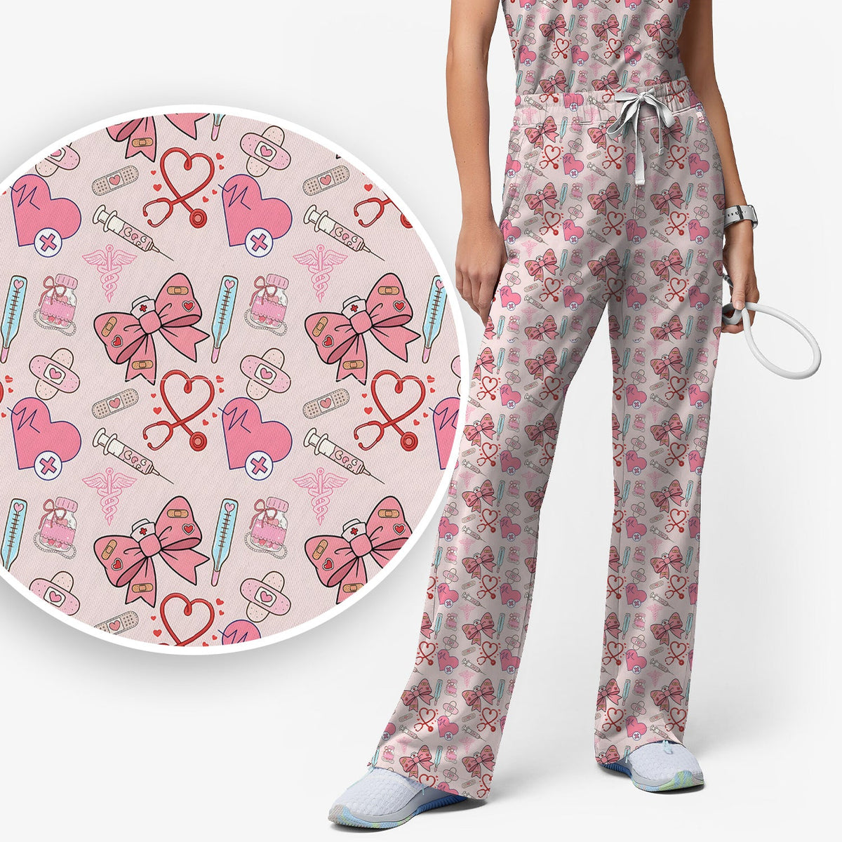 Pink Nurse Bow Heart Scrub Set