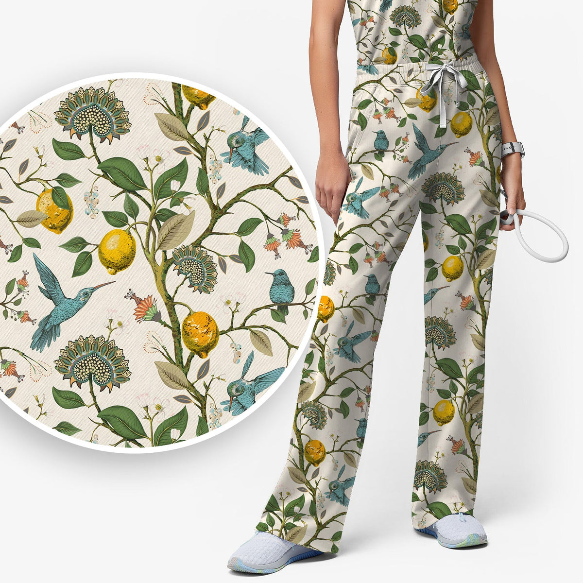 Hummingbird Lemon Floral Nurse Scrub Set
