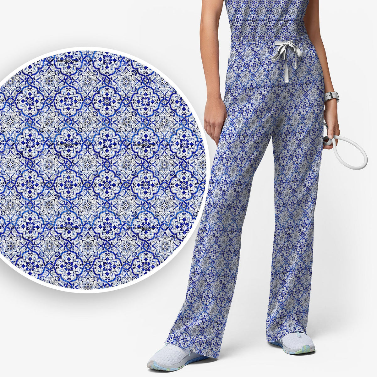Blue Vintage Tile Floral Nurse Scrub Set