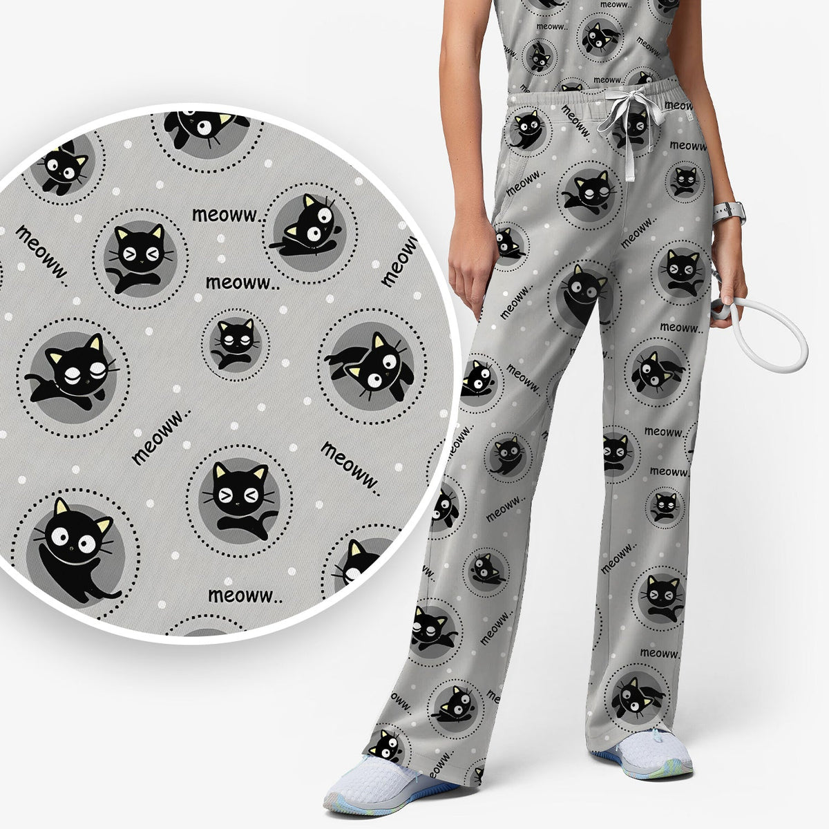 Black Cat Meow Nurse Scrub Set