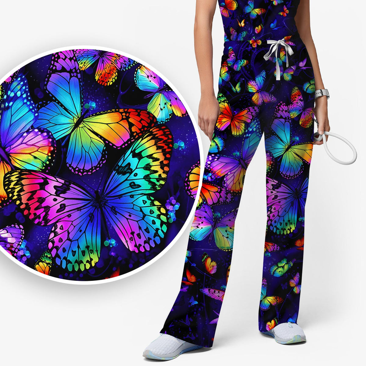 Vibrant Rainbow Butterfly Galaxy Nurse Scrub Set
