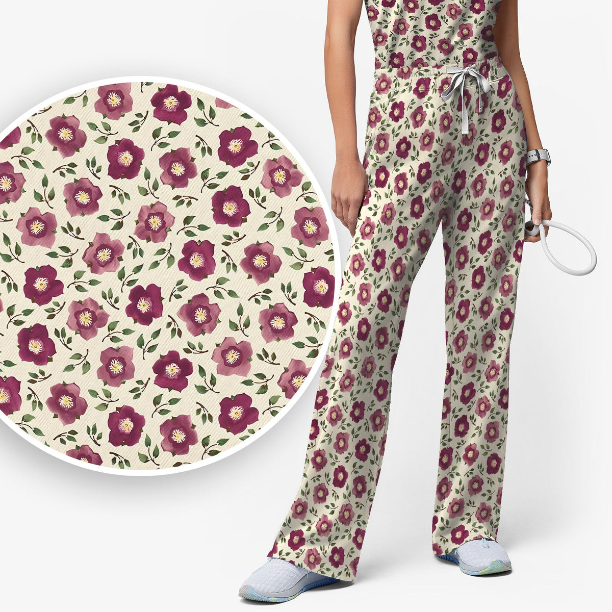 Purple Floral Blossom Leaf Nurse Scrub Set