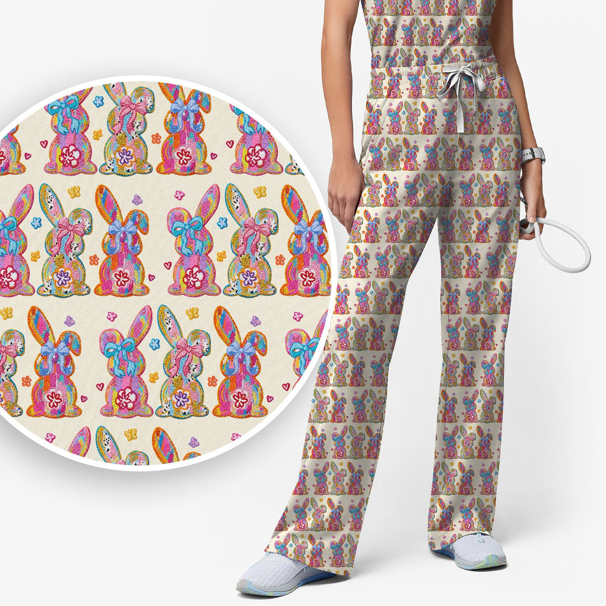Pastel Bunny Floral Nurse Scrub Set
