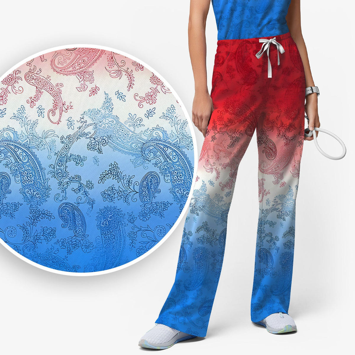 Red Blue Paisley Ombre Nurse Scrub Set