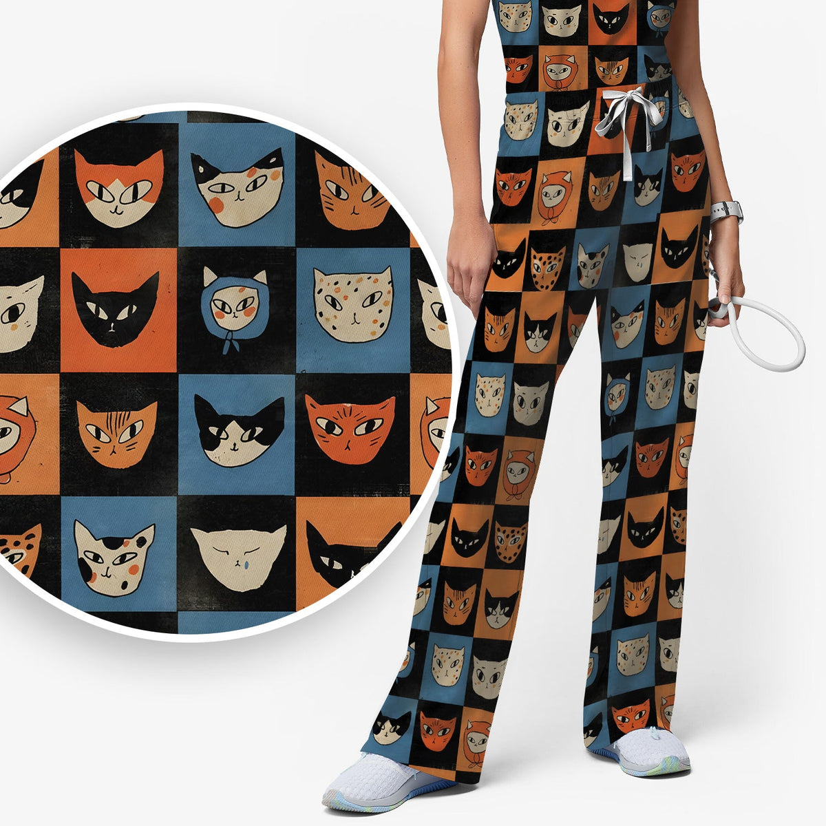 Retro Cat Checkerboard Nurse Scrub Set