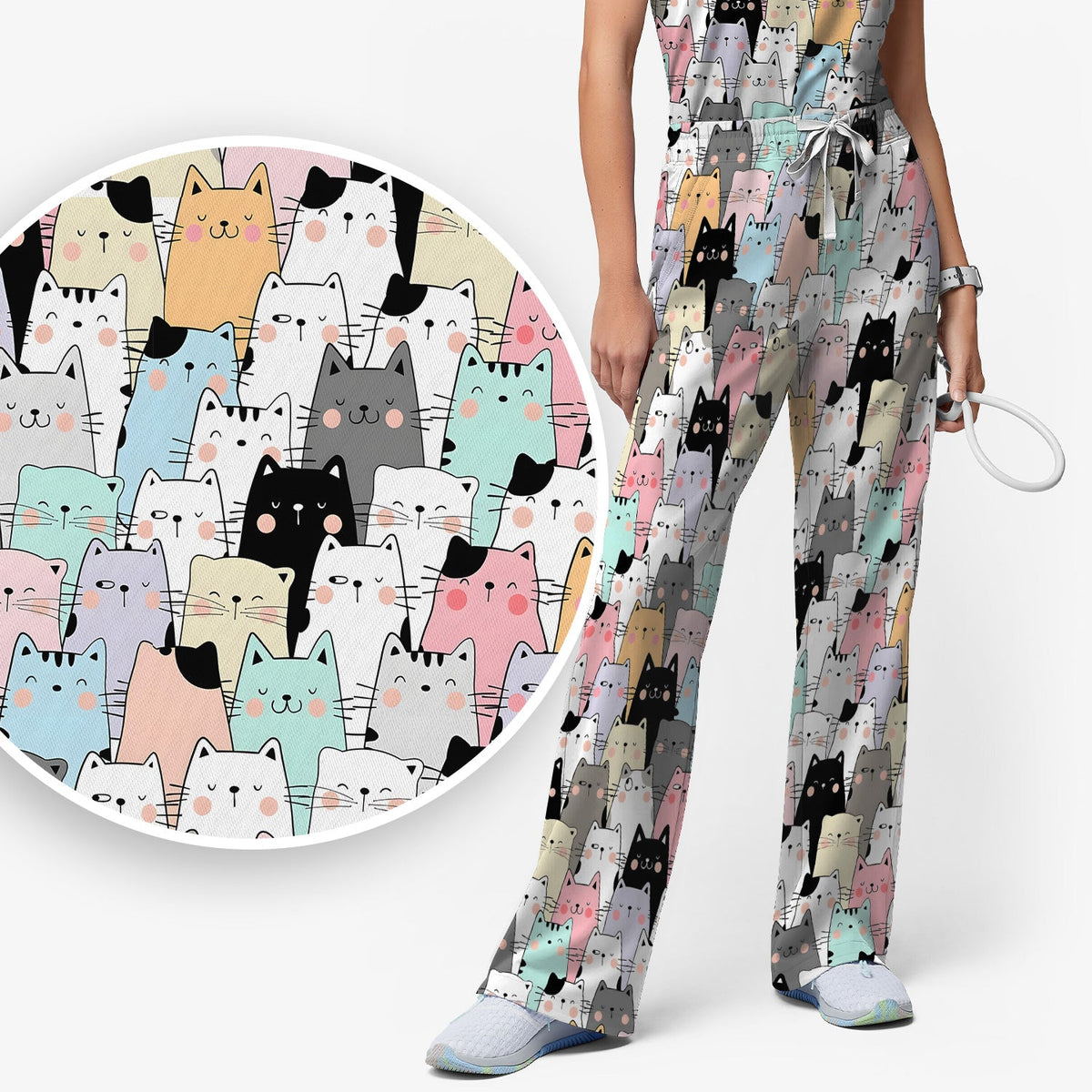Cartoon Cat Crowd Nurse Scrub Set