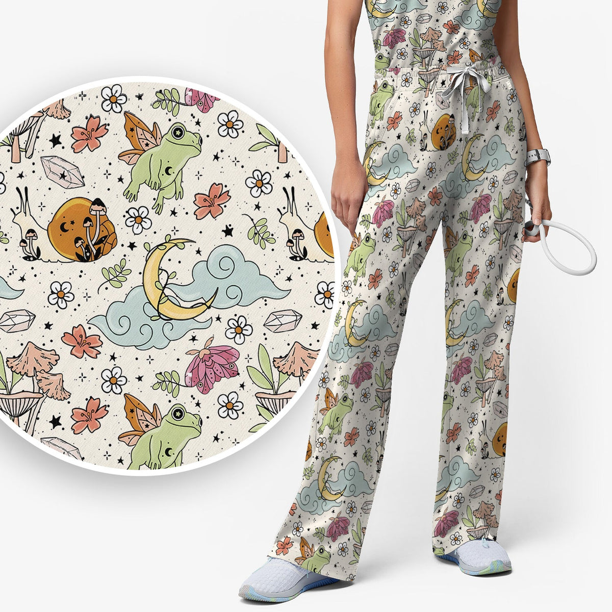 Whimsical Frog Moon Mushroom Nurse Scrub Set