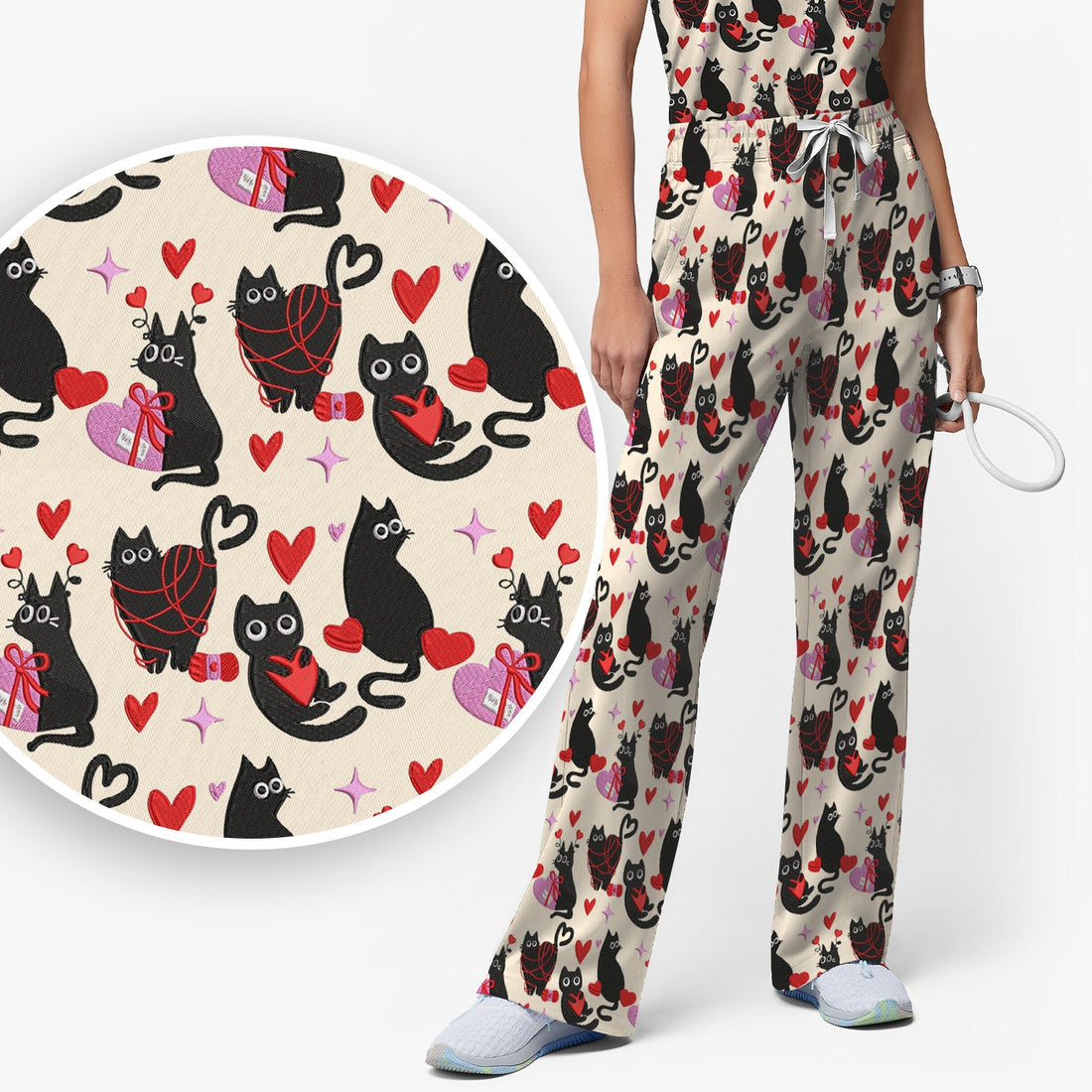 Valentine's Day Black Cat Heart Nurse Scrub Set