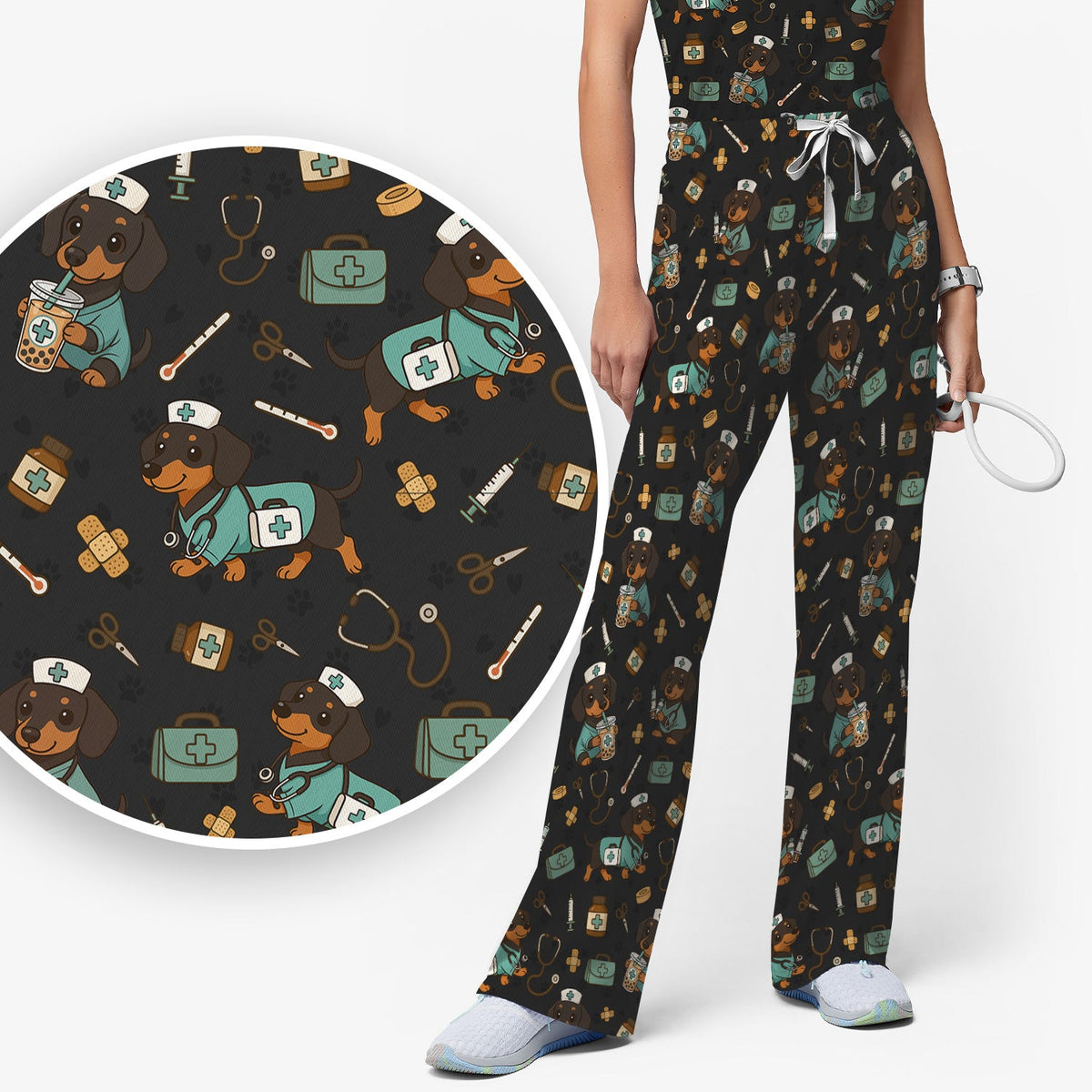 Funny Dachshund Nurse Scrubs Set - Cute Dog Print Medical Shirt - Holiday Nurse Scrub Top Gift for RN CNA Doctor, Women & Men
