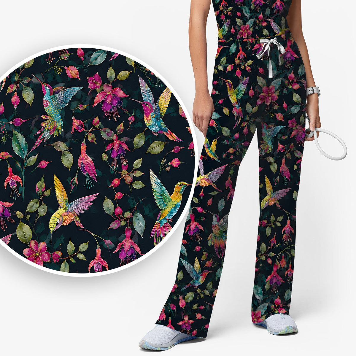 Hummingbird Fuchsia Bloom Nurse Scrub Set