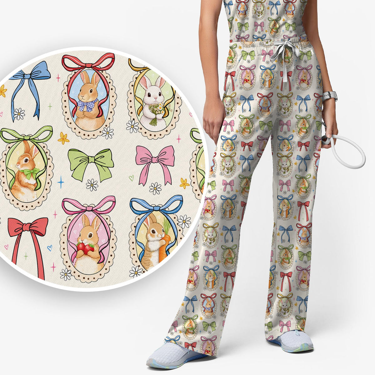 Bunny Cameo Bow Nurse Scrub Set - Easter Gift