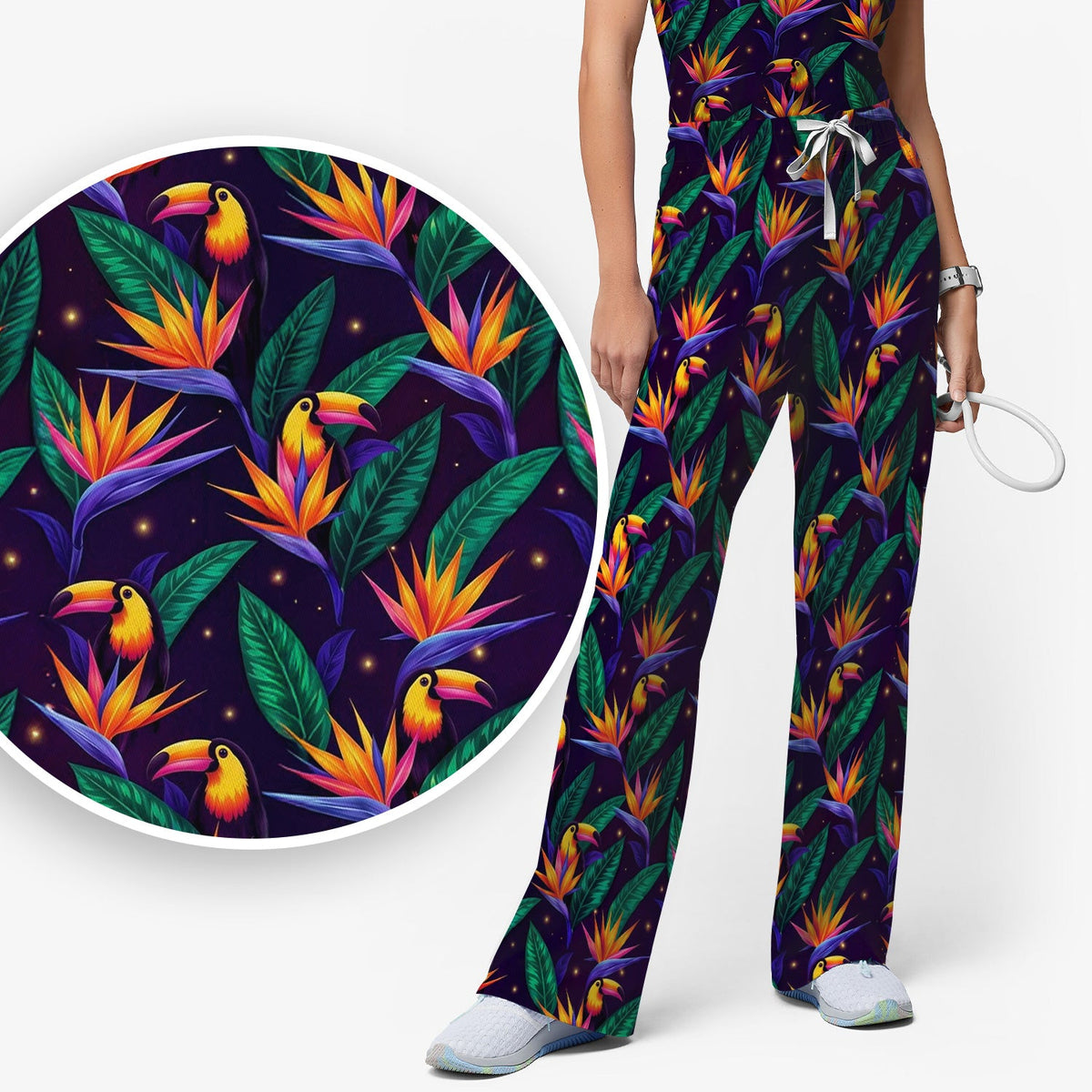 Tropical Toucan Paradise Leaves Nurse Scrub Set