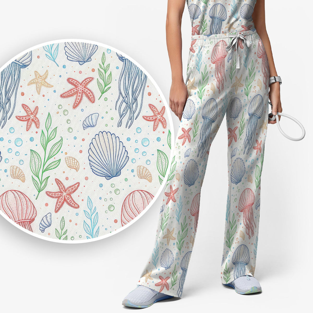 Ocean Jellyfish Starfish Seashell Nurse Scrub Set