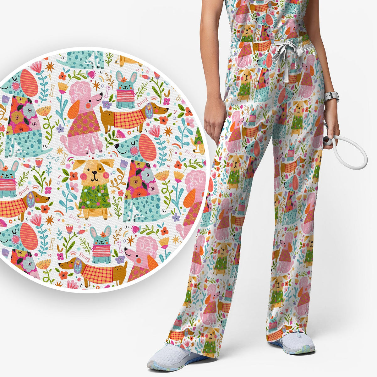 Colorful Dog Floral Nurse Scrub Set