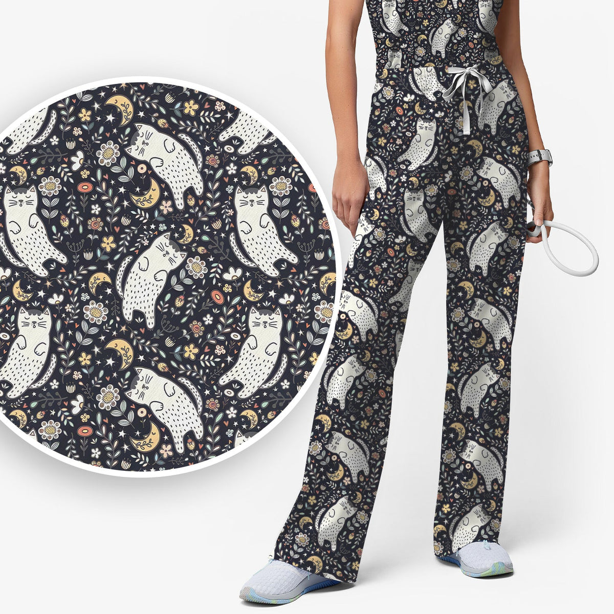 Moonlit Floral Cat Nurse Scrub Set