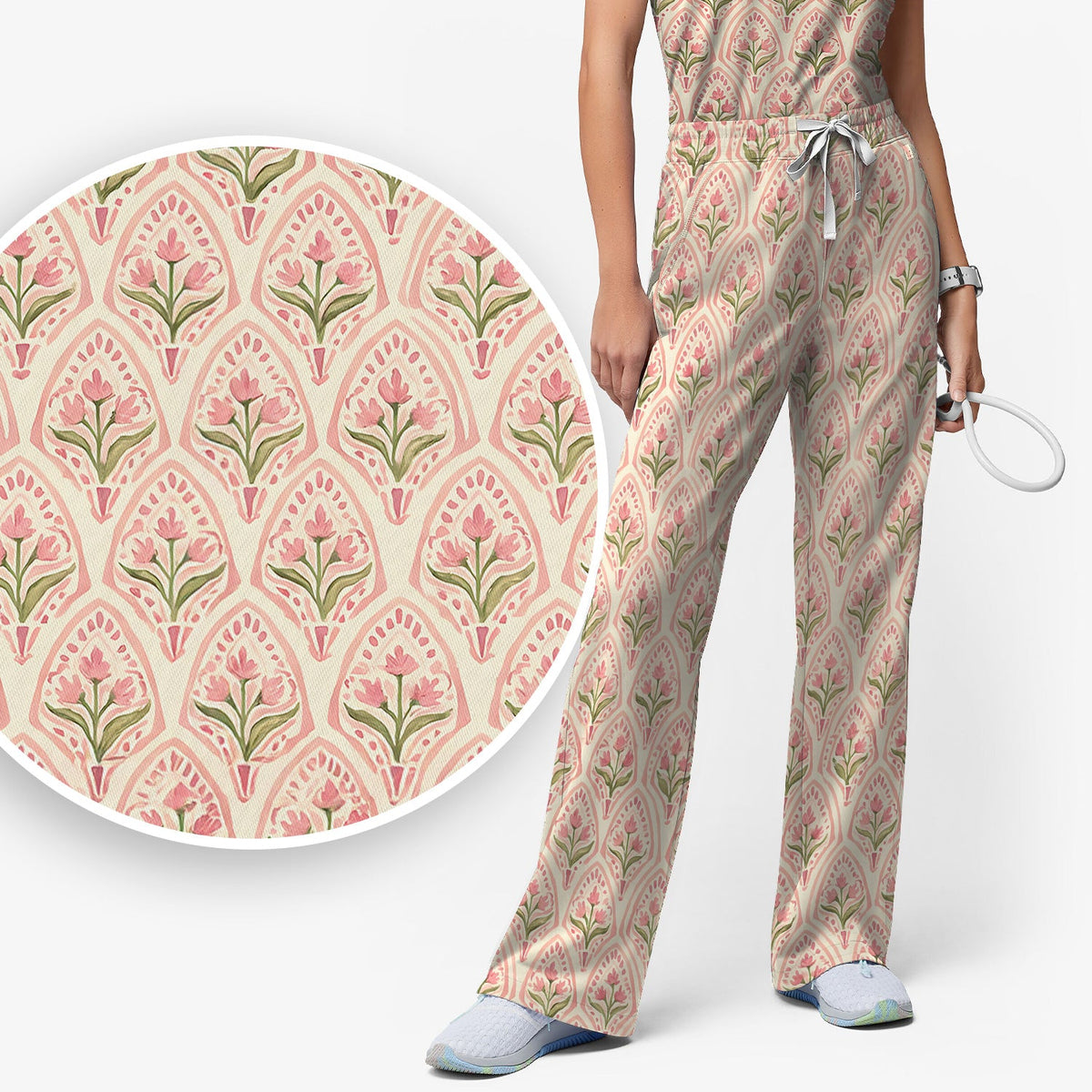 Pink Tulip Floral Arch Nurse Scrub Set
