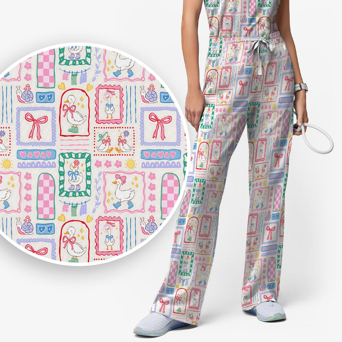 Adorable Goose Ribbon Patchwork Frame Nurse Scrub Set