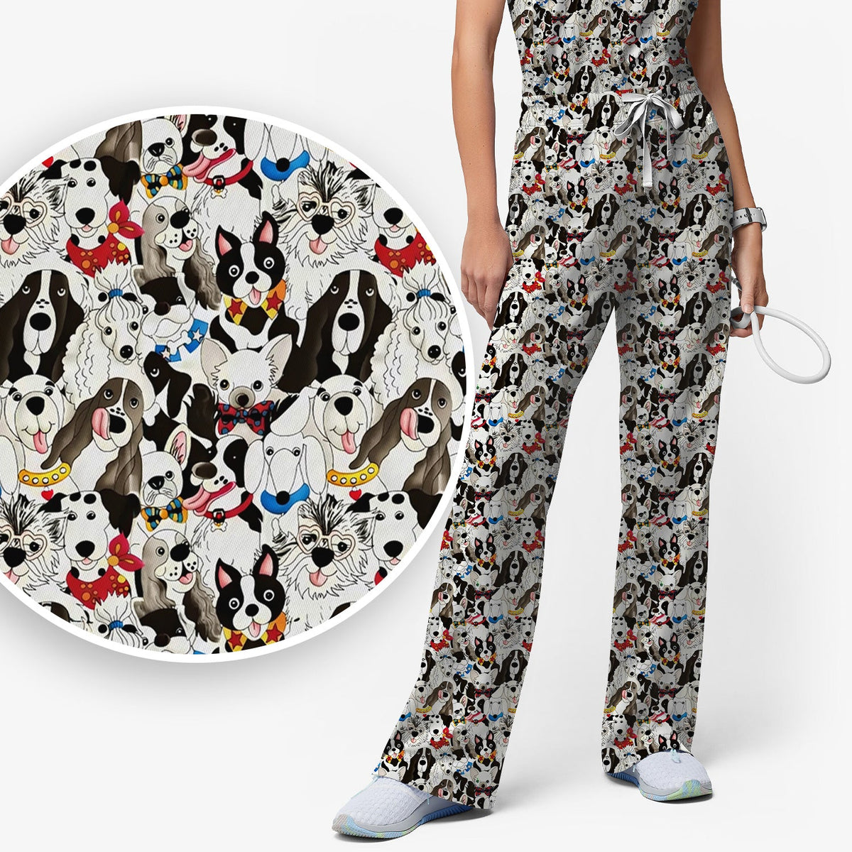 Cute Dog Cartoon All Over Print Scrub Set, Scrub Pants and V Neck Top