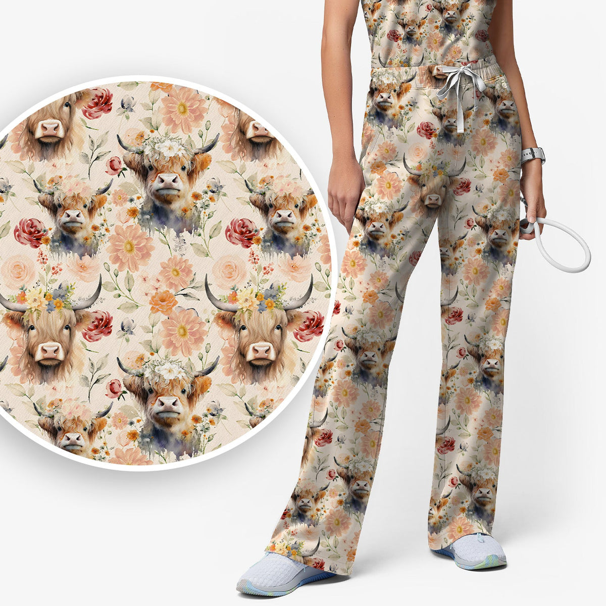 Highland Cow Floral Nurse Scrub Set