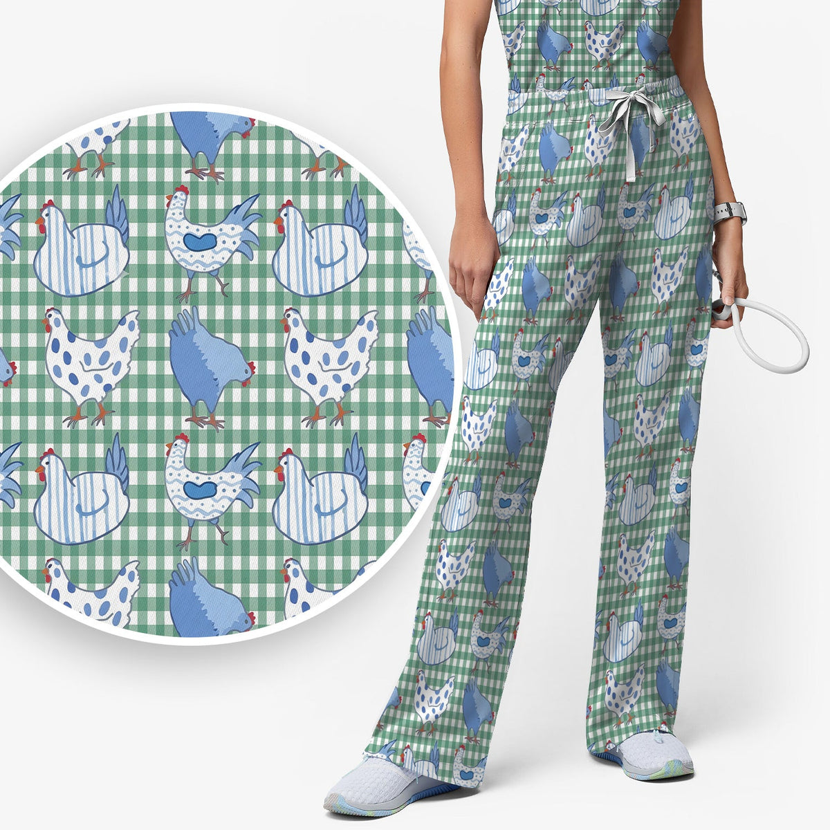 Blue Chicken Gingham Nurse Scrub Set