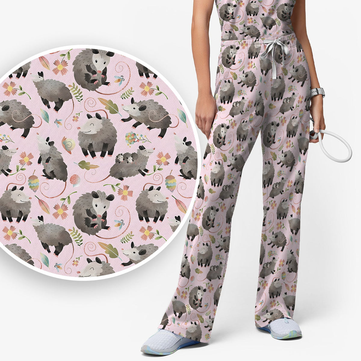 Opossum Playing Flower Garden Nurse Scrub Set