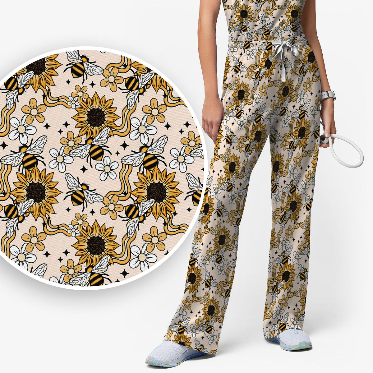 Sunflower Honey Bee Floral Nurse Scrub Set