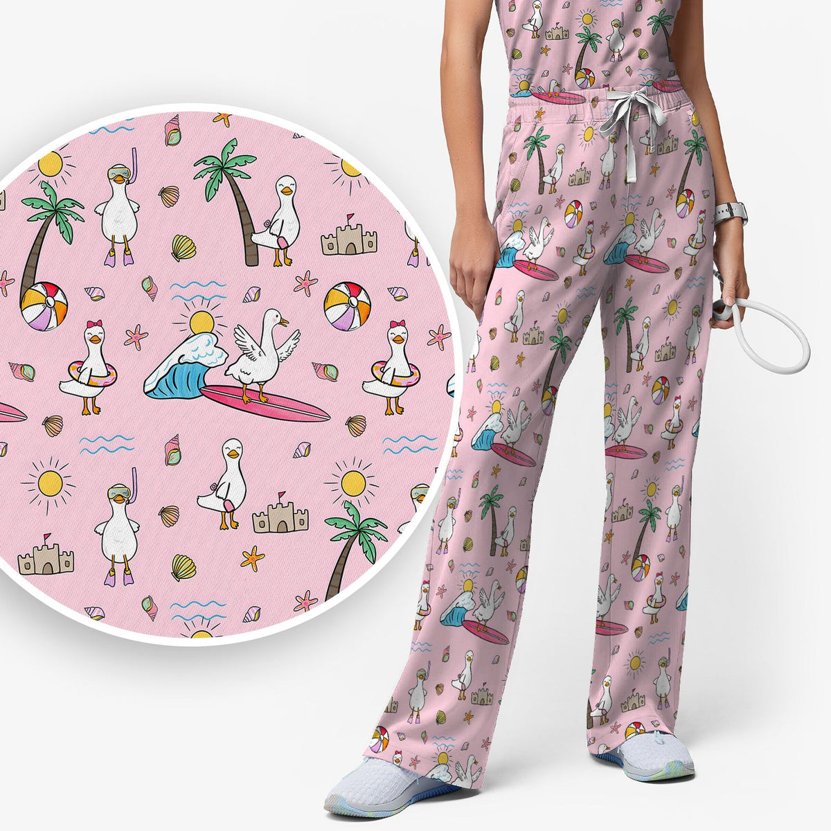 Seagull Surfboard Beach Palm Tree Nurse Scrub Set
