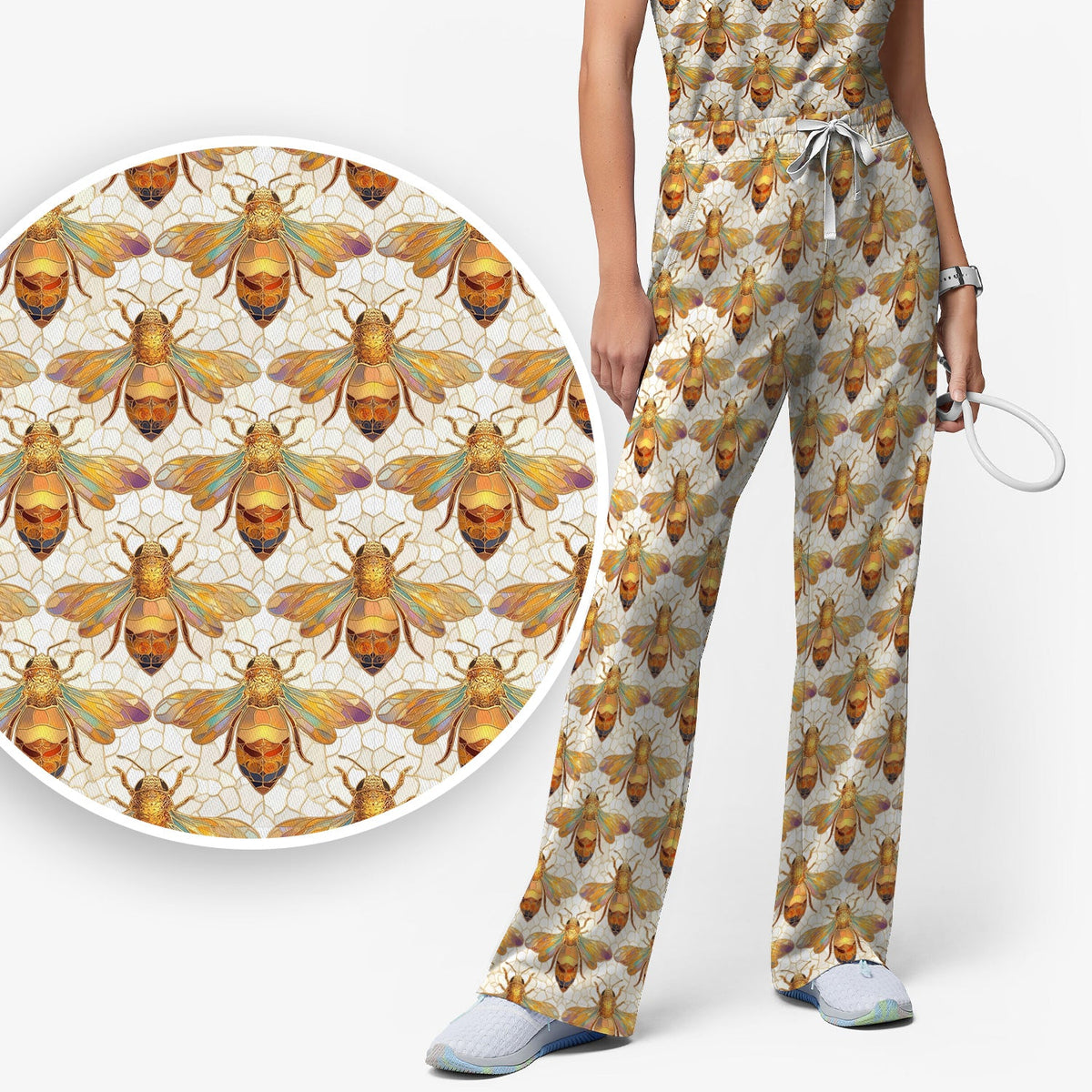 Golden Honey Bee Honeycomb Nurse Scrub Set